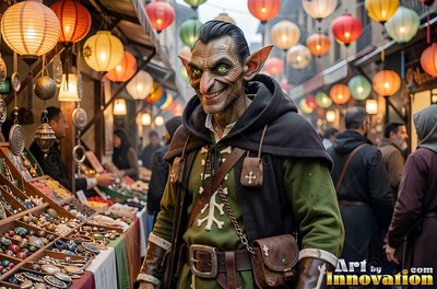 Pointed ears frame the grin of a goblin man walking through a crowded lantern market