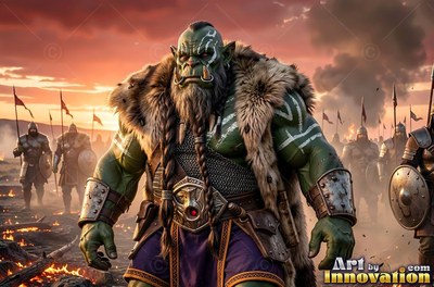 An orc man stands before an army on a battlefield under an orange sunset sky