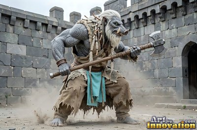 Crouching low in a stone castle yard, a tusked orc man grips an axe