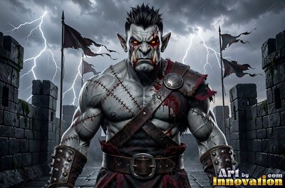 A scarred gray orc man stands on stone ramparts as lightning strikes behind him