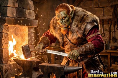 In a stone workshop, a green-skinned orc man in fur armor hammers hot metal on an anvil