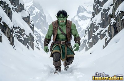 Walking forward, a green orc man in a leather vest hikes through a snowy pass