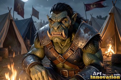 Green orc man in metal armor sits by a camp fire at night