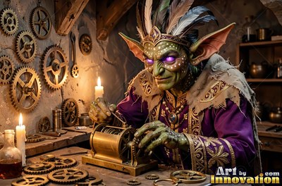 Wearing a feathered crown, a goblin man turns brass gears in a workshop lit by candles