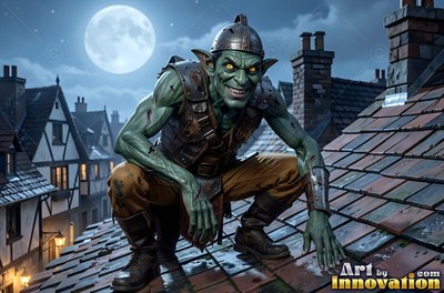 A green goblin man crouches on a tiled roof under a pale full moon