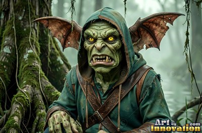 Facing forward in a mossy swamp, a green-skinned goblin man wears a dark hood