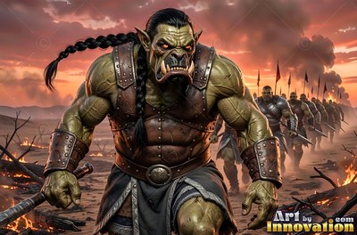 A muscular green orc man in armor marches forward across a smoky battlefield