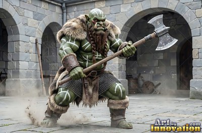 In a stone courtyard, a muscular green orc man crouches with a two-headed ax