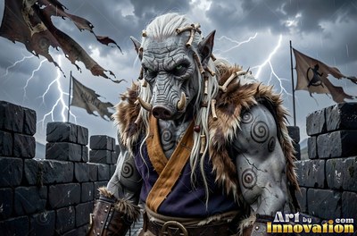 Standing on stone ramparts, a tusked orc man watches lightning in a storm sky