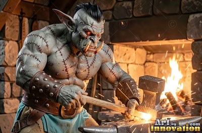 Muscular orc man hammering hot iron on an anvil by a stone forge