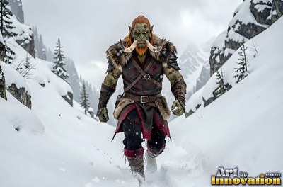 Curved white tusks frame the face of an orc man with green skin walking through a snowy mountain pass