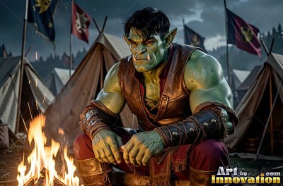 A green orc man sits near a campfire in camp, lit by warm yellow flames