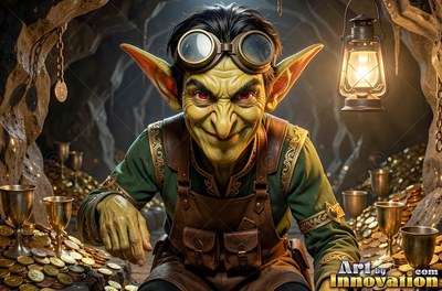 Crouching in a dim cave, a grinning goblin man sits by piles of gold coins