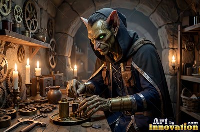 A hooded goblin man tinkers with small brass gears by candlelight in a stone workshop