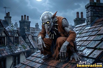 On a steep tiled roof, an old goblin man crouches in brown rags under gray clouds