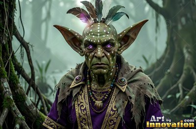 Staring ahead in a misty forest, an old goblin man wears feathers and purple robes