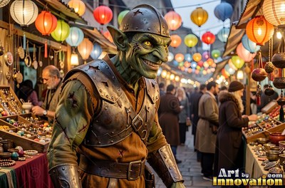 A smiling goblin man in iron armor walking through a crowded market street