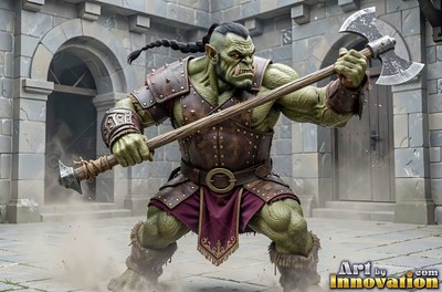Braided black hair falls from a green orc man holding a battle axe in a stone courtyard