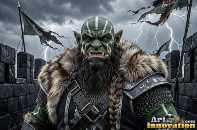 A green orc man stands on stone battlements under white flashes of lightning