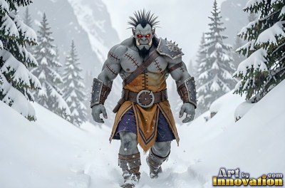 Facing forward in a snowy pine forest, a muscular gray orc man marches