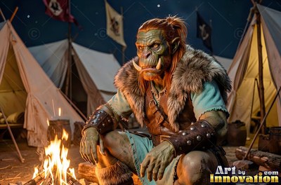 A green orc man in a fur vest crouches near a fire by camp tents