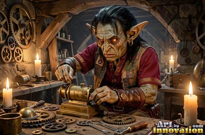In a candlelit workshop, an older goblin man builds a small brass machine