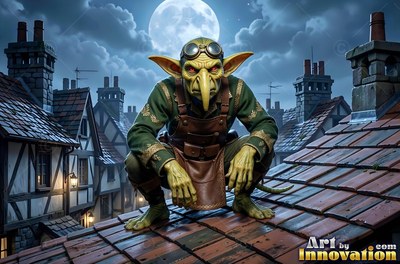 Crouching on a rooftop under the moon, a goblin man wears goggles and a leather apron