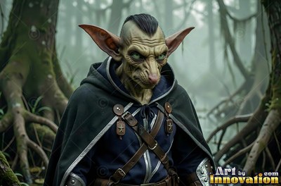 Goblin man in a dark cloak standing in a swamp