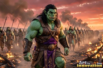 Wearing a leather vest with purple cloth on a smoky battlefield, an orc man walks ahead