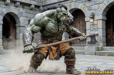 An orc man crouches with an axe in a stone courtyard under gray daylight