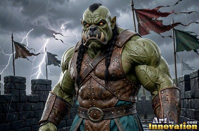 Standing on a stone fortress wall, a muscular green orc man wears leather armor in a storm