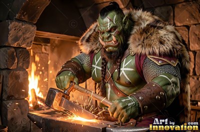 An orc man with green skin in a fur cape hammers hot metal on an anvil by a fire