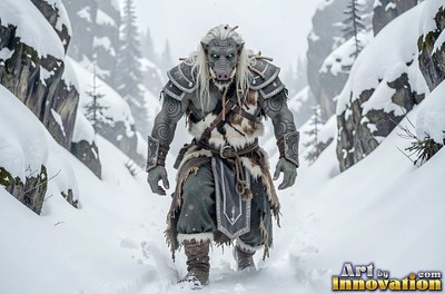 In a snowy mountain pass, an armored orc man walks forward in deep drifts