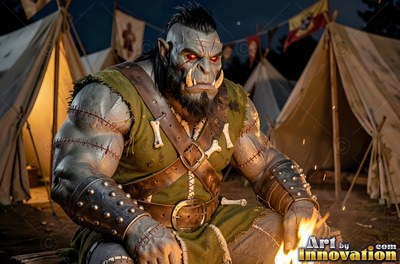 Sitting by a campfire, a muscular orc man with stitched gray skin rests in a tent camp