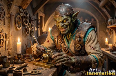 A goblin man with green skin grins as he tinkers with gears by candlelight