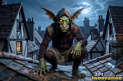 A dark hood covers the head of a green goblin man crouching on a tiled roof under a full moon