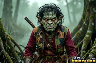 A goblin man glares forward in a misty swamp, wearing a patched vest in soft daylight