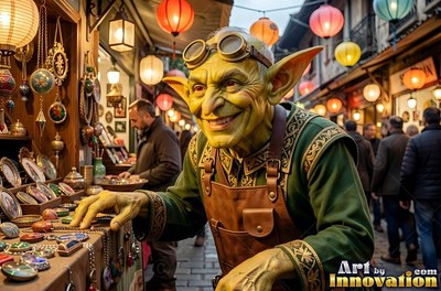 Leaning over a market stall, a smiling goblin man touches small trinkets in warm lantern light