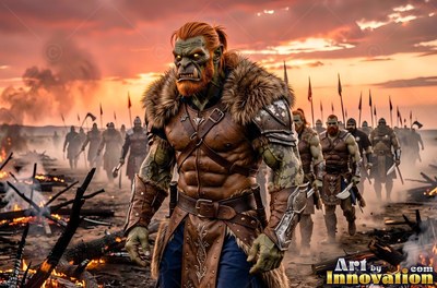 An orc man with red hair leads armored men across a smoky battlefield at sunset