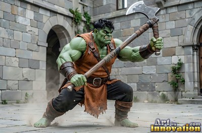 In a stone courtyard, a muscular green orc man crouches with a large axe