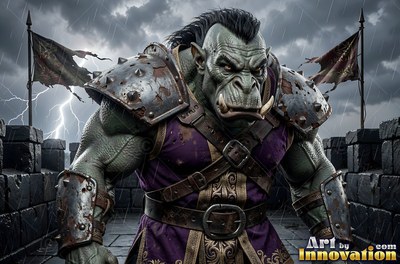 Standing in the rain, a tusked orc man wears rusted armor on a stone wall under lightning