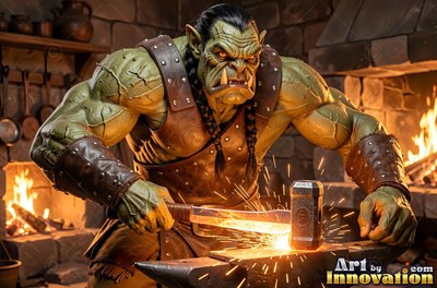 Green-skinned orc man hammers hot metal at an anvil near a fire