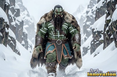 A heavy fur cloak drapes an orc man with green skin walking through a snowy mountain pass