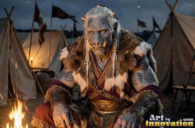 An orc man sits by a campfire in a tent camp, warm orange light on his face