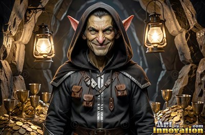 Facing forward in a cave, a grinning goblin man stands by gold coins