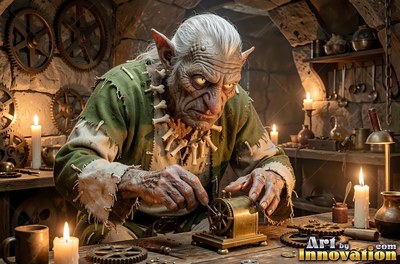 An old goblin man in green repairs a small brass machine by candlelight