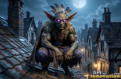 On a tiled rooftop, a green-skinned goblin man crouches under the full moon