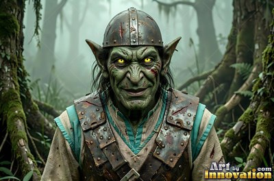Grinning in a foggy forest, a green goblin man wears a battered iron helmet