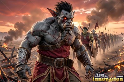 Orc man with stitched scars leads an army across a smoky plain