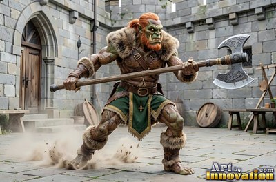 Fur trim lines the armor of a red-haired orc man holding a battle axe in a castle yard